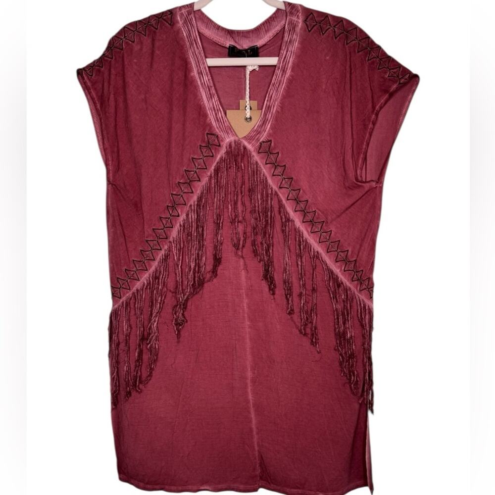 POL Red Brick Fringe V-Neckline Tunic Sleeveless Small Western NWT